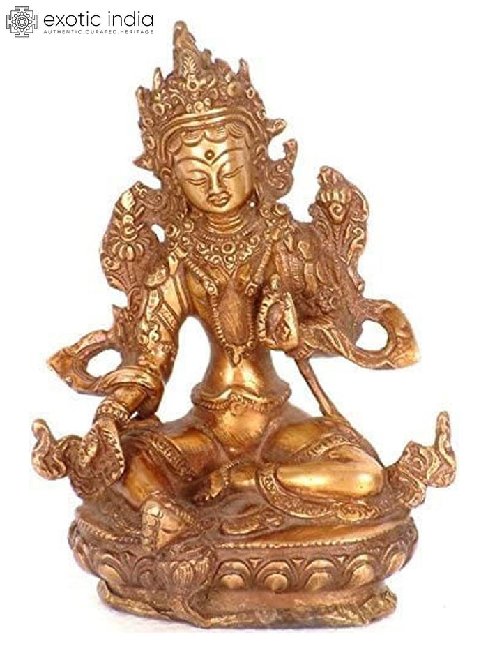 6" Tibetan Buddhist Goddess Green Tara Brass Statue | Handmade | Made in India