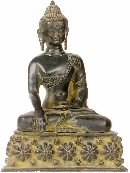 Bhumisparsha Buddha Brass Statue on Lotus Throne Handmade