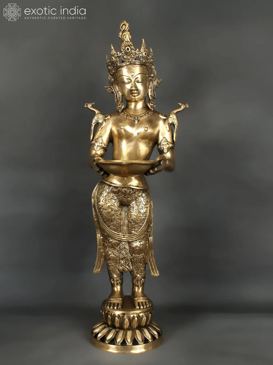 30" Brass Tibetan Buddhist Goddess Tara Statue with Lamp Handmade
