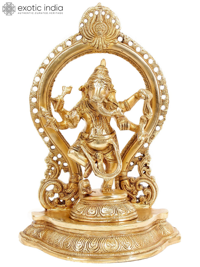 13" Ganesha Handmade Brass Idol Dancing Under Temple Arch