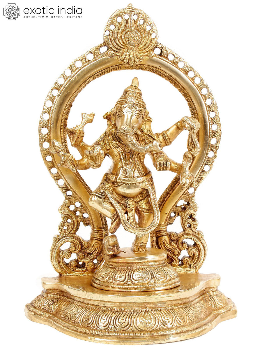 13" Ganesha Handmade Brass Idol Dancing Under Temple Arch