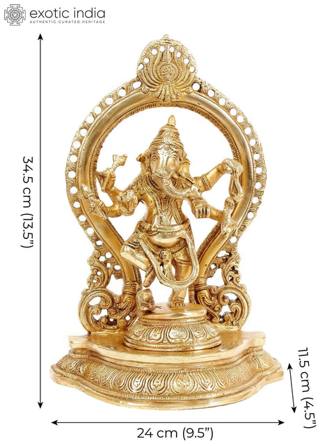 13" Ganesha Idol Dances Under a Temple Arch | Handmade Brass Statue | Made in India