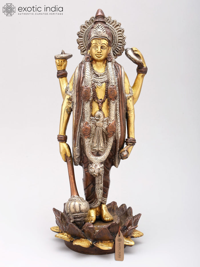 12" Lord Vishnu Standing on Lotus Brass Statue Handmade