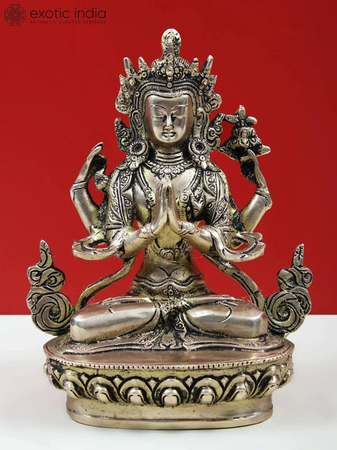 8" Brass Chenrezig Statue (Shadakshari Avalokiteshvara) - Handmade Buddhist Deity Idol from India