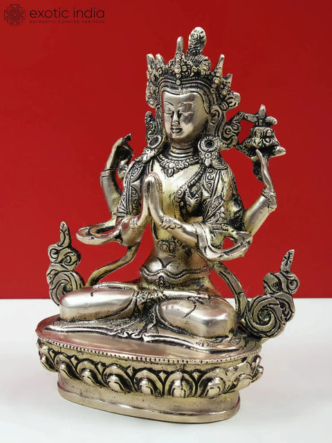 8" Brass Chenrezig Statue (Shadakshari Avalokiteshvara) - Handmade Buddhist Deity Idol from India