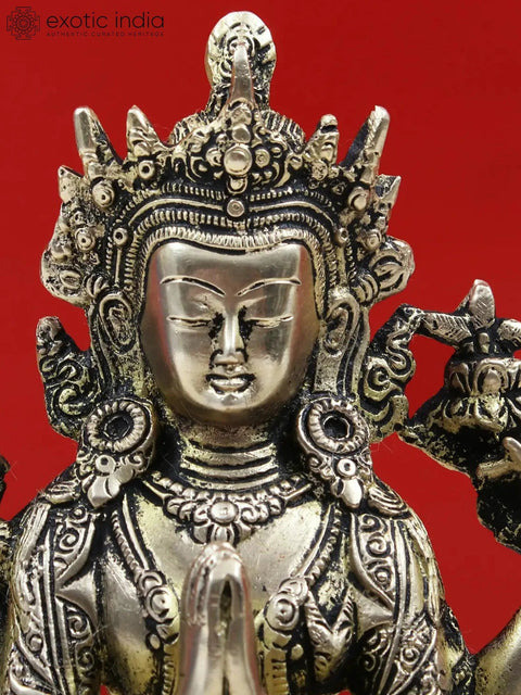 8" Brass Chenrezig Statue (Shadakshari Avalokiteshvara) - Handmade Buddhist Deity Idol from India