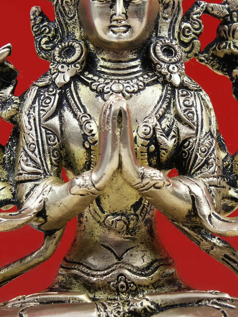 8" Brass Chenrezig Statue (Shadakshari Avalokiteshvara) - Handmade Buddhist Deity Idol from India