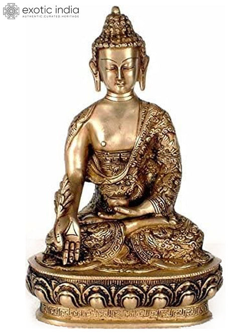 10" Medicine Buddha Handmade Brass Idol with Intricate Carving