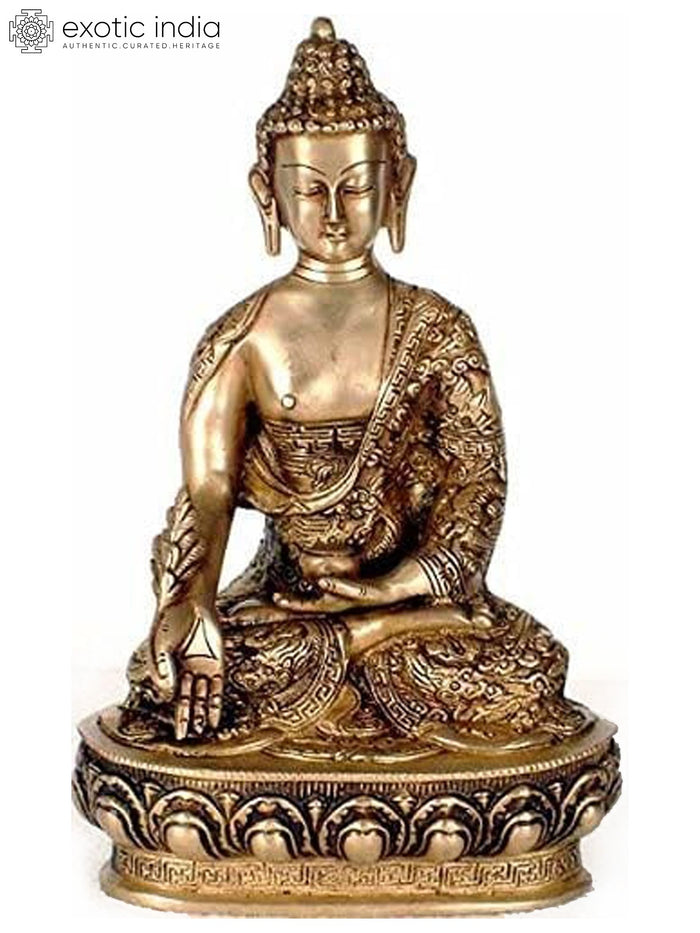 10" Medicine Buddha Handmade Brass Idol with Intricate Carving