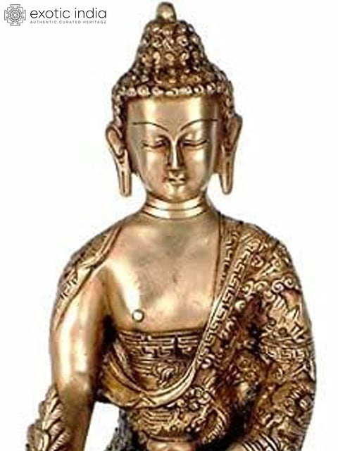 10" Medicine Buddha Idol with Deft Carving in Brass | Handmade Tibetan Buddhist Brass Statue