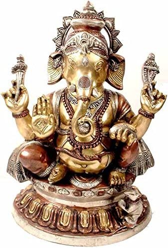 21" Ganesha on Inverted Lotus Pedestal Brass Statue Handmade