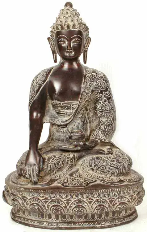 Buddha with Carved Robe Handmade Brass Statue