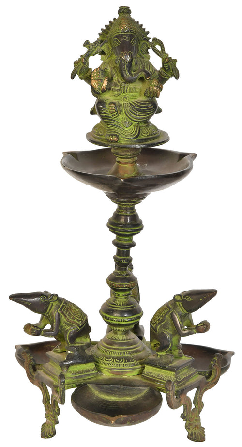 14" Lord Ganesha Brass Six Wicks Oil Lamp Handmade