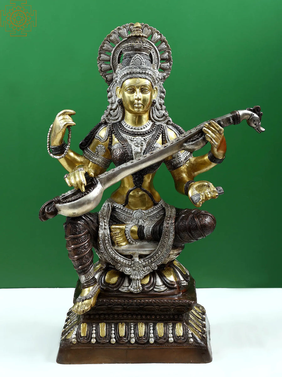 Brass Seated Saraswati Idol for Pooja