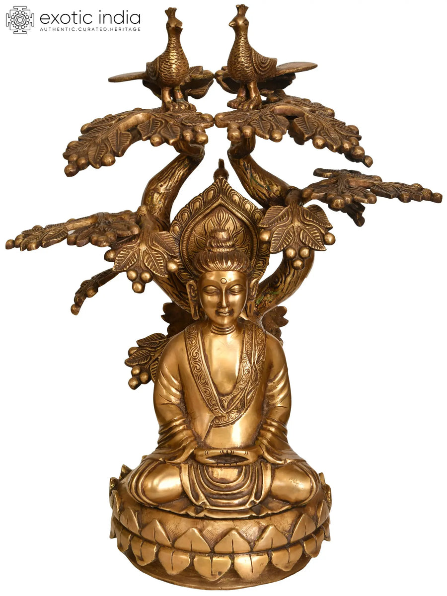 17" Meditating Buddha Under Bodhi Tree Brass Statue Handmade