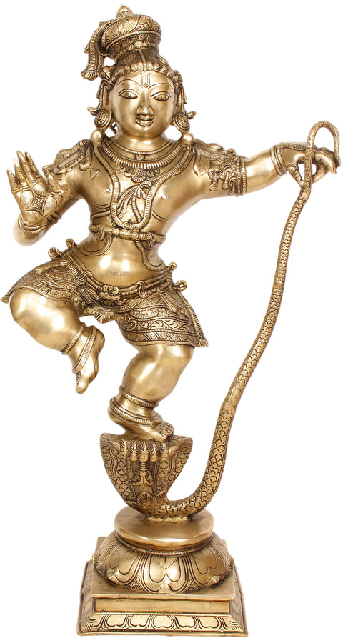 34" Large Krishna Kaaliya Brass Idol | Handmade | Made in India