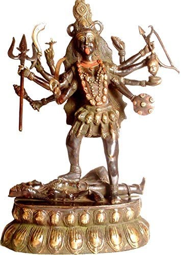 19" Handmade Black Kali Mahakali Brass Statue Ten-Armed