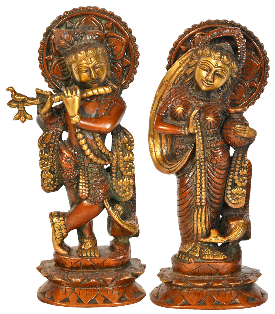 9" Radha Krishna with Peacock Handmade Brass Statue