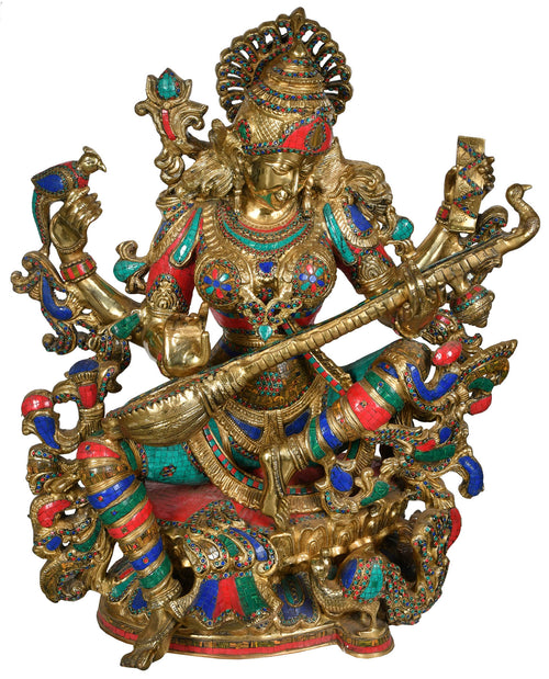 37" Saraswati Holding Veena Brass Statue Handmade