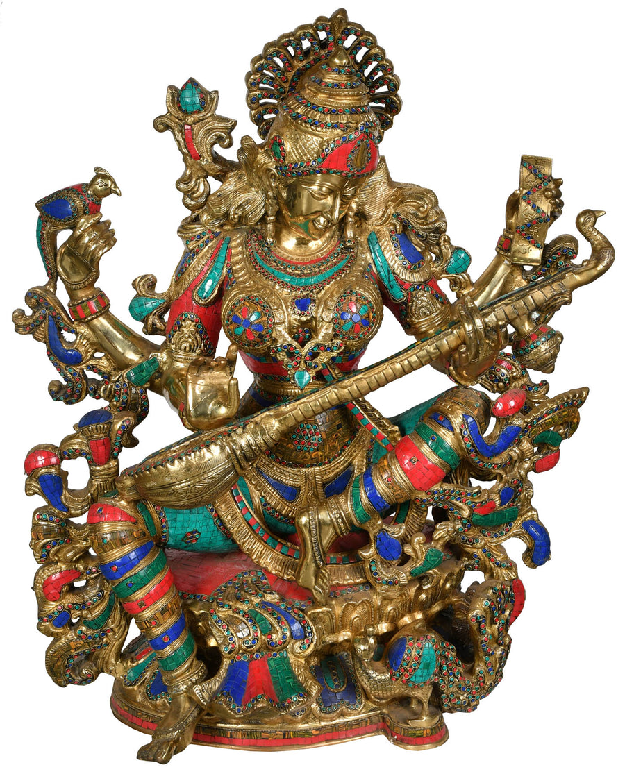 37" Saraswati Holding Veena Brass Statue Handmade