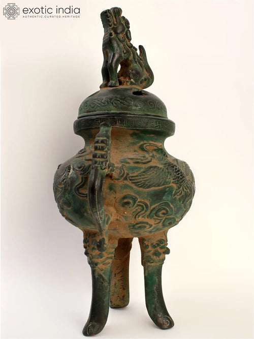 9" Handmade Brass Incense Burner with Snow Lions