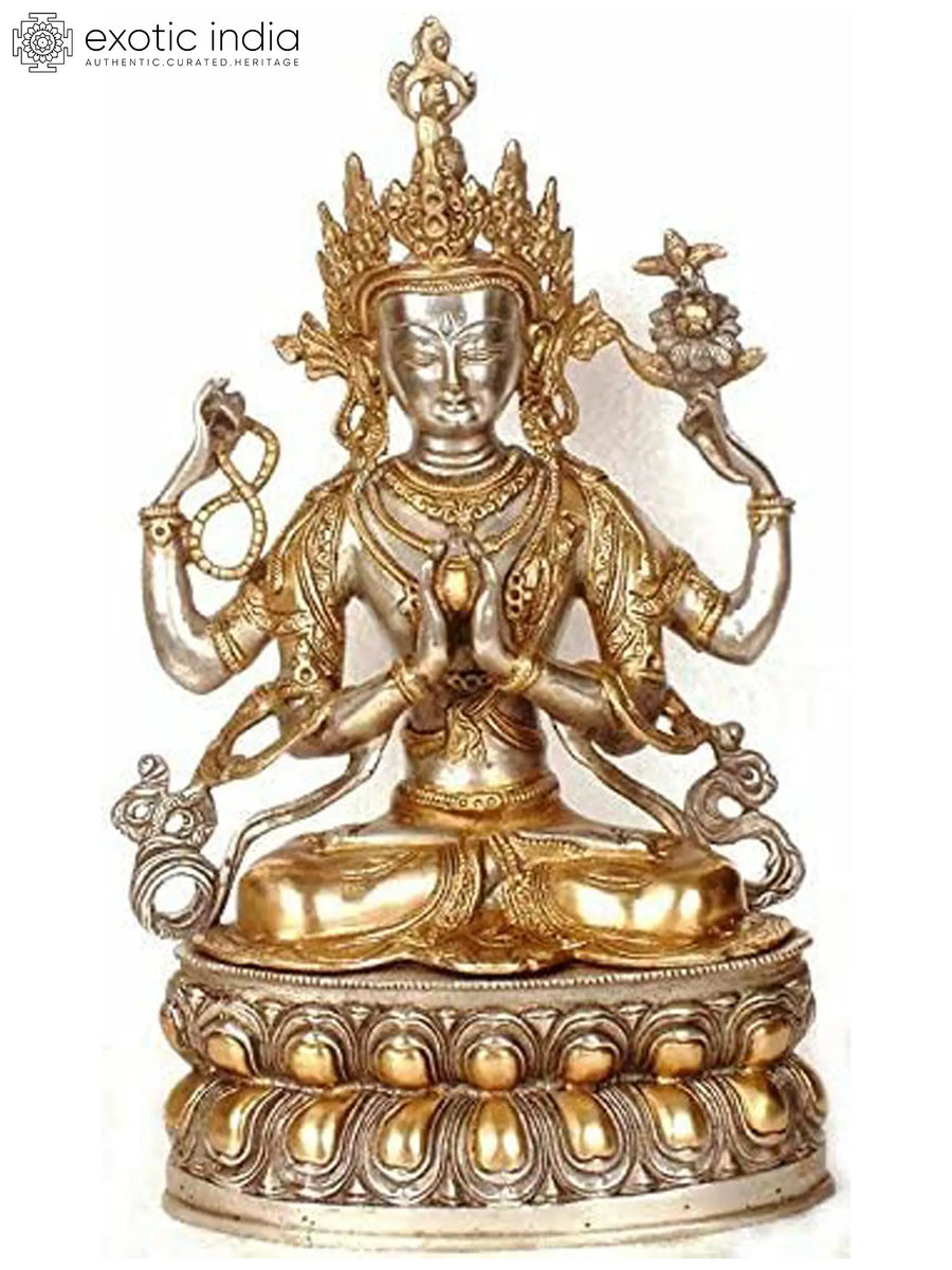 14" Four Armed Avalokiteshvara Brass Statue Handmade