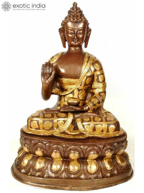 17" Handmade Buddha Brass Statue with Patchwork Monk Robe