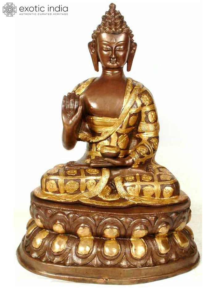 17" Handmade Buddha Brass Statue with Patchwork Monk Robe