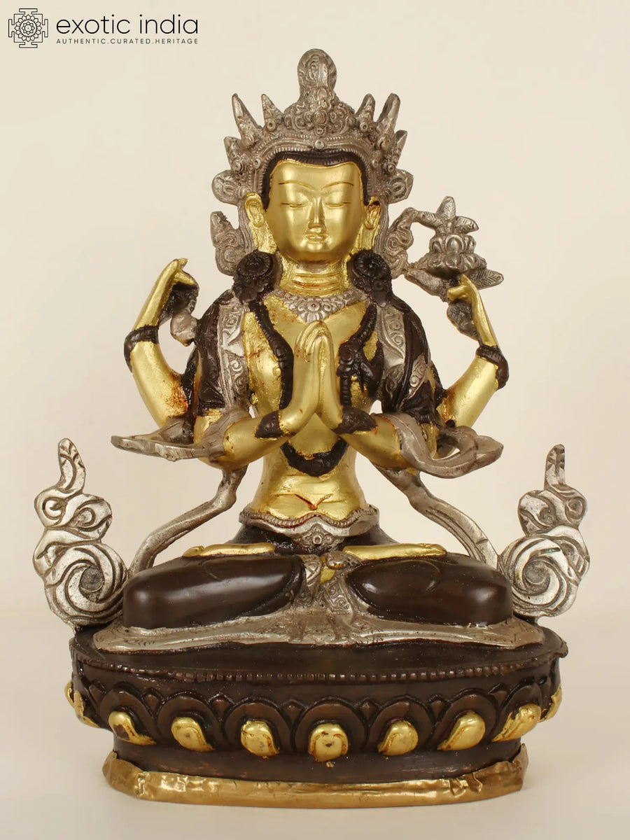 8" Handmade Chenrezig Four-Armed Avalokiteshvara Brass Statue