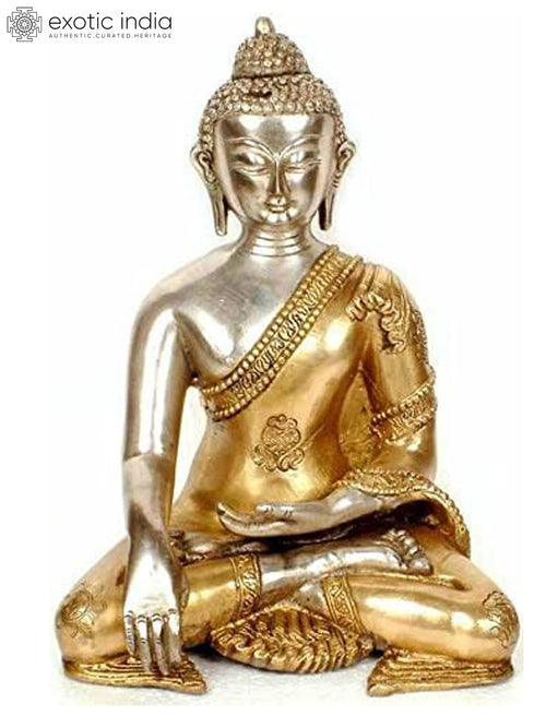 10" Handmade Buddha with Golden Robe Brass Statue