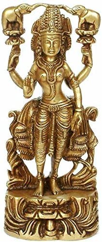 8" Gajalakshmi Flanked by Elephants Brass Statue Handmade