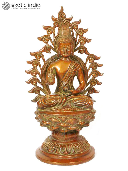 10" Buddha Blesses Against Flaming Aureole Brass Statue Handmade