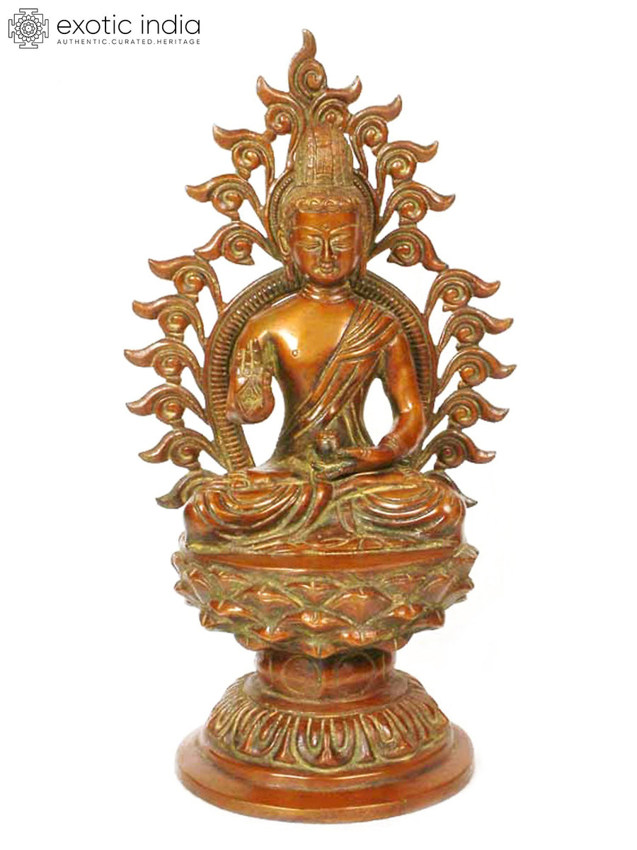10" Buddha Blesses Against Flaming Aureole Brass Statue Handmade