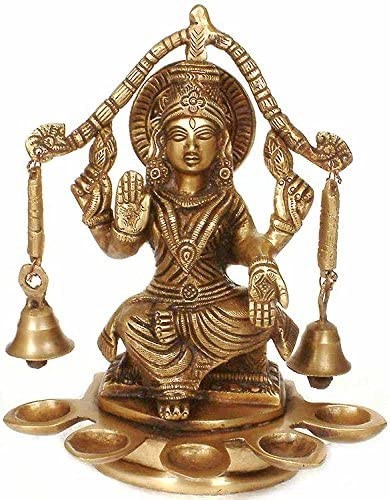 8" Goddess Lakshmi Brass Statue with Bells and Five Auspicious Lamps