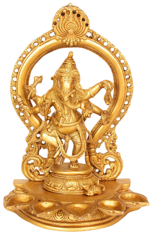 13" Handmade Dancing Ganesha Brass Statue with Five Lamps
