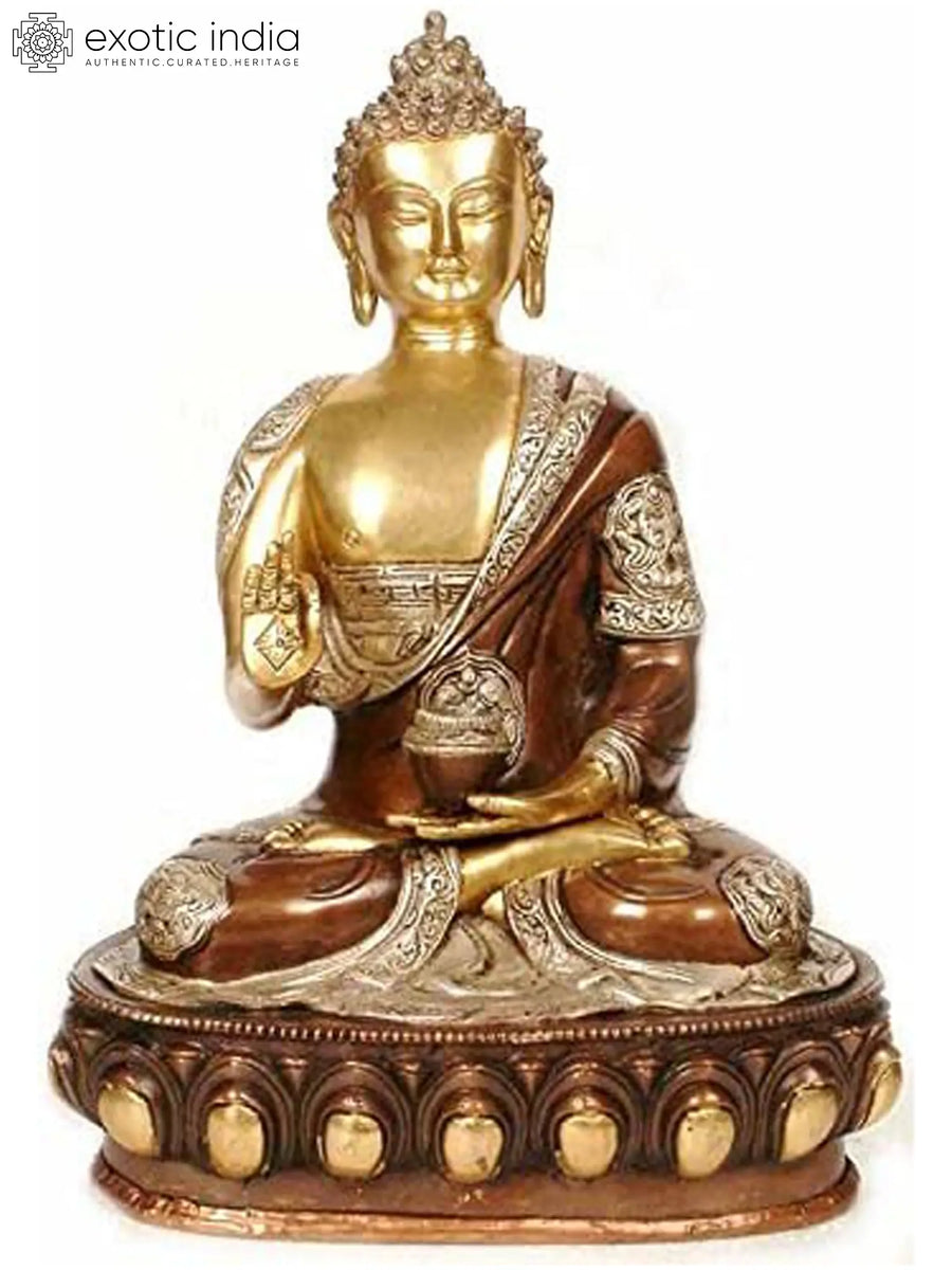 14" Blessing Buddha Brass Statue with Ashtamangala Carved Robe