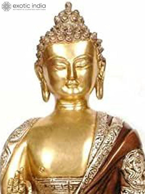 14" Blessing Buddha with Ashtamangala Carved on His Robe In Brass | Handmade | Made In India